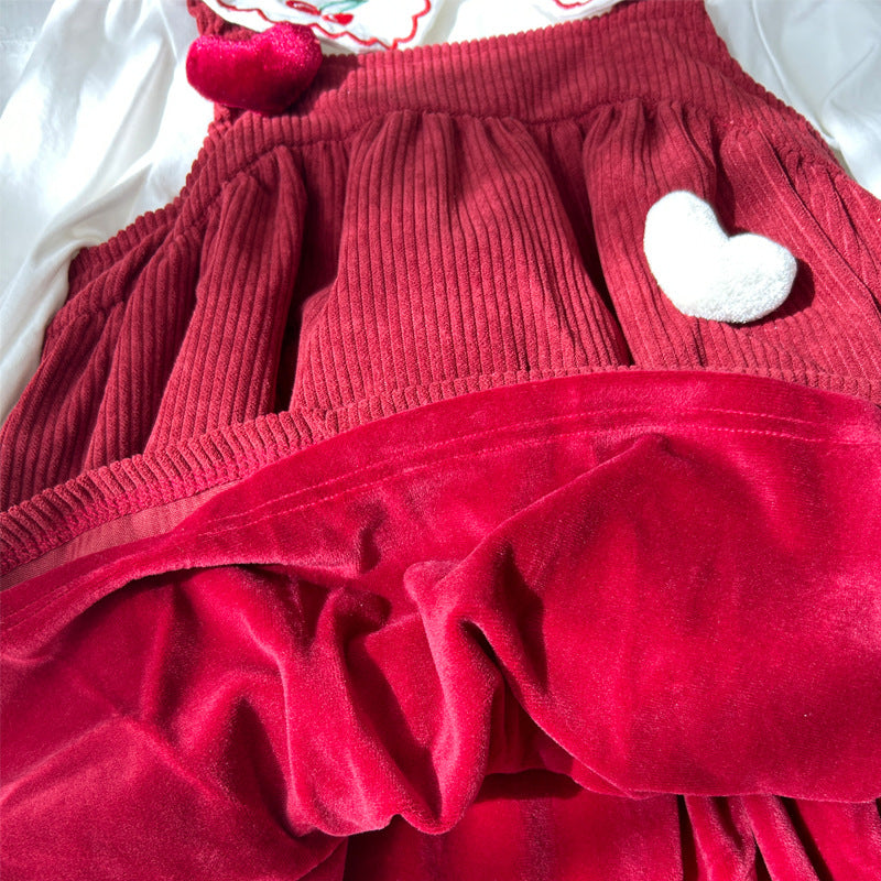 Autumn Girls Cherry Embroidered Long Sleeves Heart Pattern French Corduroy Dress, MyKids-USA®, Baby & Toddler Dresses, MyKids-USA -  -  -  -  -  -  - 