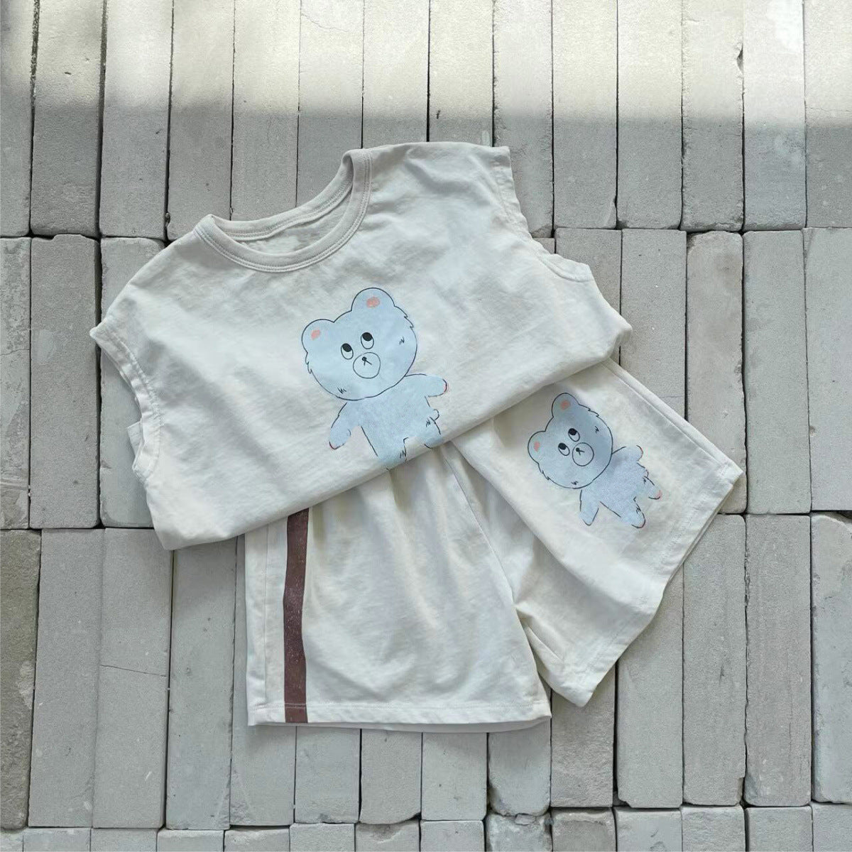 Summer Hot Selling Baby Kids Unisex Sleeveless Teddy Bear Printed T-shirt and Shorts Casual Clothing Set, MyKids-USA®, Baby & Toddler Outfits, MyKids-USA - Size/Age - 73 (6-9M) - Color - Beige -  -  - TR2505242053-A