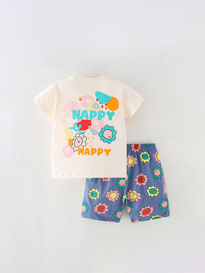 Baby And Kids Boys And Girls Cartoon Short Sleeves Top And Shorts Casual Clothing Set