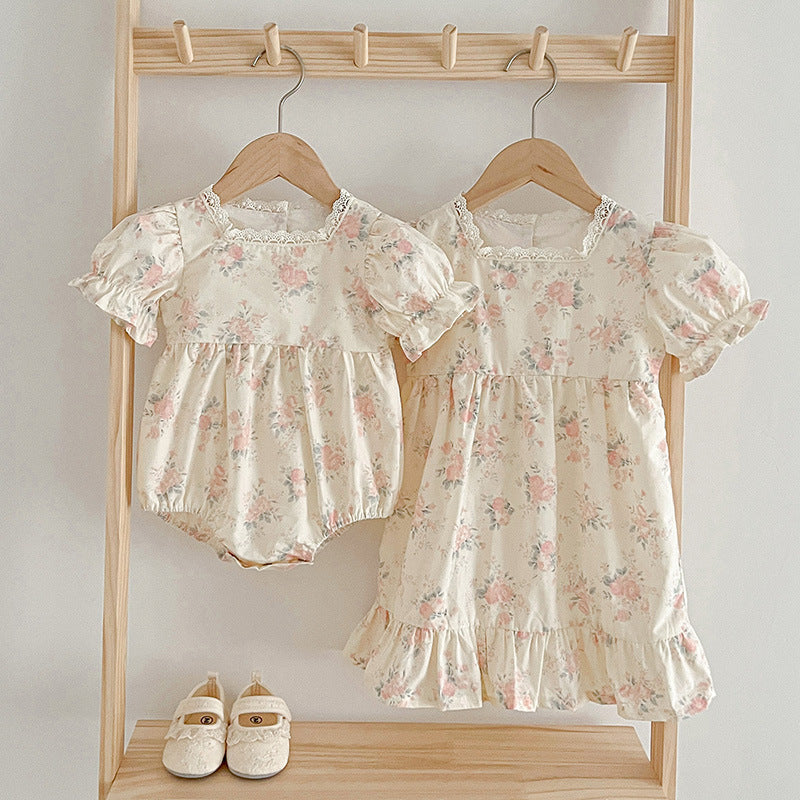 Summer Girls Floral Pattern Square Neck Onesies And Girls’ Dress – Princess Sister Matching Set