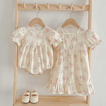 Summer Girls Floral Pattern Square Neck Onesies And Girls’ Dress – Princess Sister Matching Set, MyKids-USA®, Baby & Toddler Outfits, MyKids-USA -  -  -  -  -  -  - 