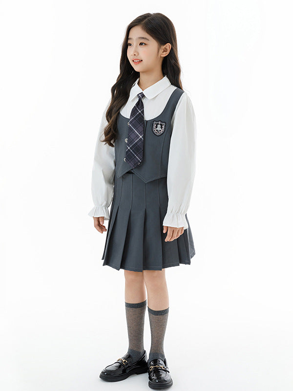 Arrival Autumn Kids Girls Long Sleeves Color Patchwork Top and Plain Skirt Clothing Set