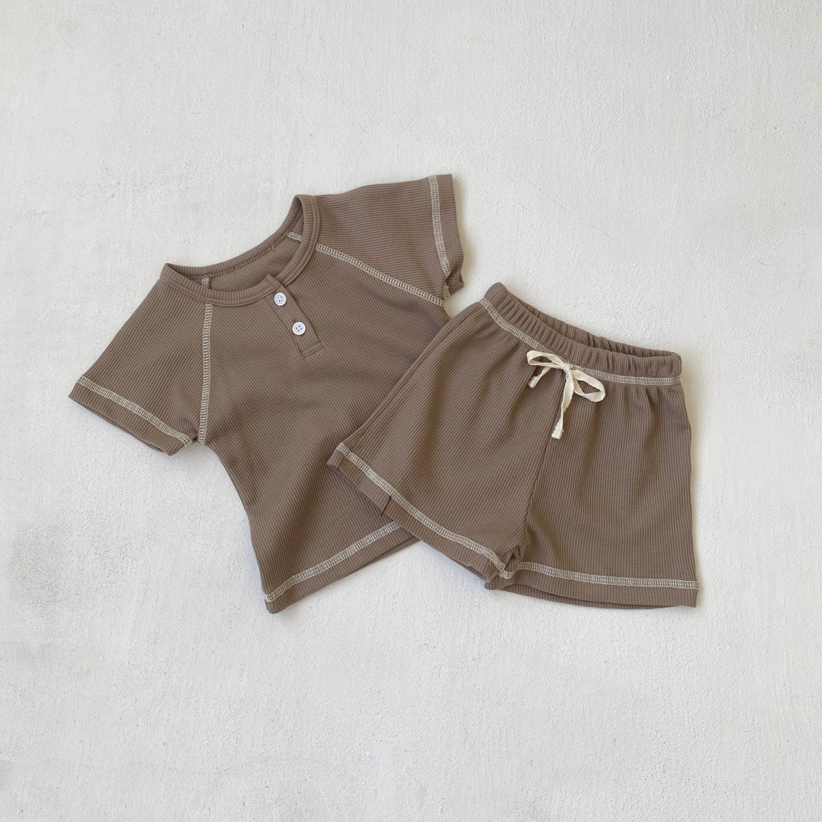 Arrival Summer Baby Kids Short Sleeves Waffle Grid T-shirt and Shorts Clothing Set