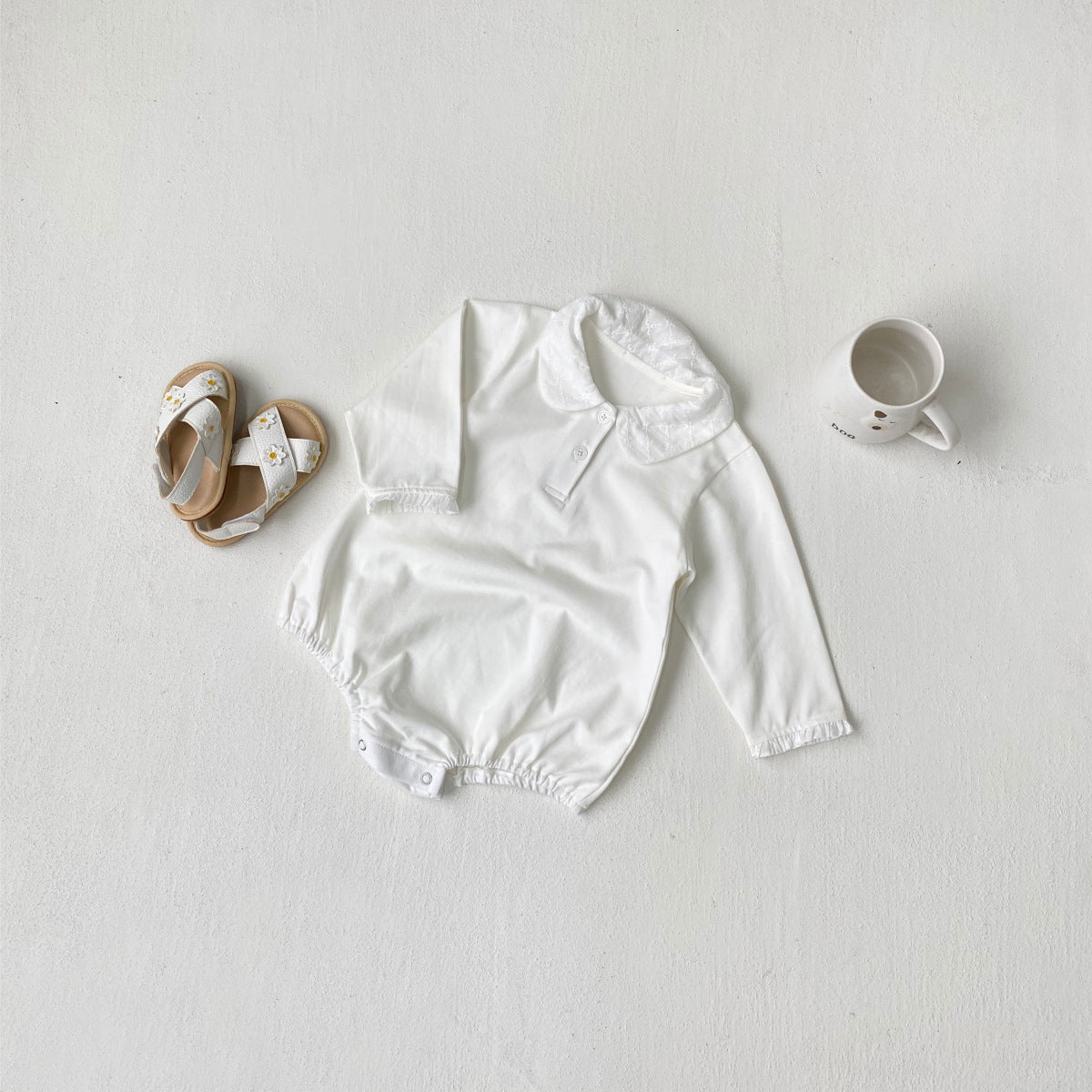 Summer Arrival Baby Girls Simple Long Sleeves Onesies with Embroidered Collar, MyKids-USA®, Baby One-Pieces, MyKids-USA - Size/Age - 66 (3-6M) - Color - Beige -  -  - TR2505122308-A