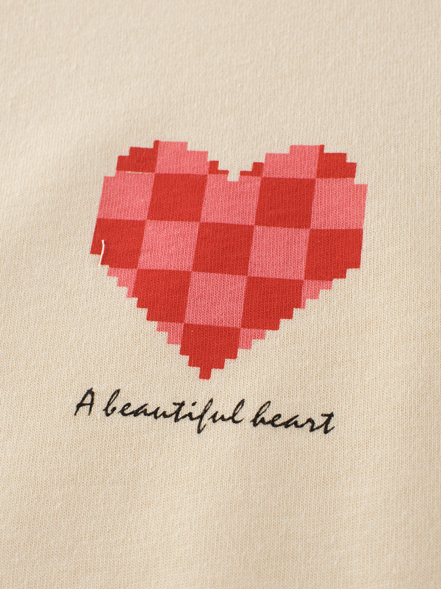 Plaid Red Heart Printing Girls’ T-Shirt In European And American Style For Summer
