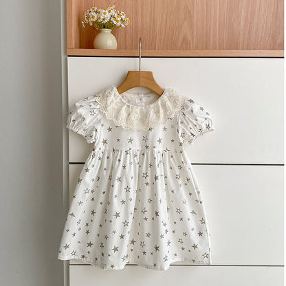 Summer Girls Stars Pattern Flowers Embroidered Collar Onesies and Dress – Princess Sister Matching Set, MyKids-USA®, Baby & Children's Outfits, MyKids-USA - Size/Age - 66 (3-6M) - Color - White -  -  - TR2604182337-B.