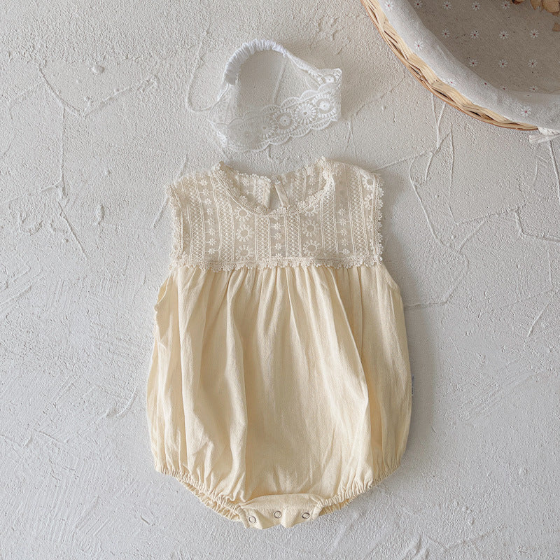 Summer Arrival Baby Girls Sleeveless Lace Flowers Pattern Bodysuit with Hairband