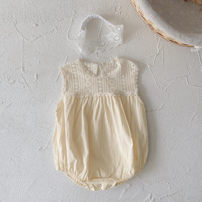 Summer Arrival Baby Girls Sleeveless Lace Flowers Pattern Bodysuit with Hairband