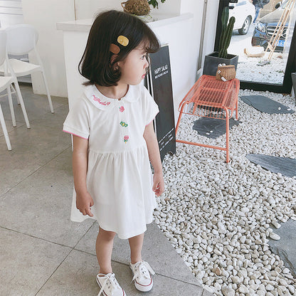New Arrival Summer Girls Short Sleeves Simple Embroidery Peter Pan Collar Dress