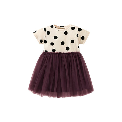 Summer Kids Girls Short Sleeves Polka Dots Pattern Mesh Patchwork Princess Dress