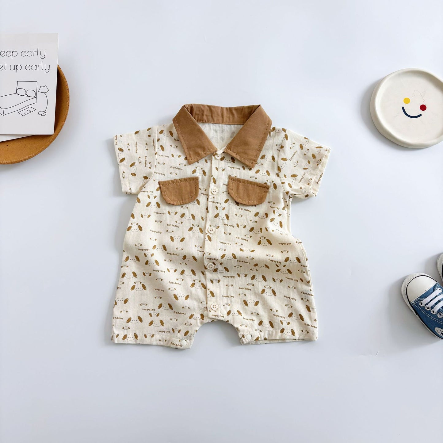 Summer Arrival Baby Boys Cartoon and Letters Pattern Short Sleeves Rompers with Turn-down Collar, MyKids-USA®, Baby One-Pieces, MyKids-USA - Size/Age - 66 (3-6M) - Color - Coffee -  -  - TR2505312117-B