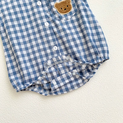 Summer Arrival Baby Boys Plaid and Teddy Bear Pattern Short Sleeves Onesies with Turn-down Collar, MyKids-USA®, Baby One-Pieces, MyKids-USA -  -  -  -  -  -  - 