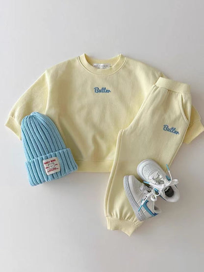 Autumn Baby Kids Unisex Casual Letter Embroidery Pullover And Pants Clothing Set