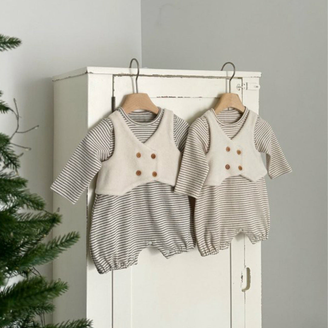 MyKids-USA® Autumn Arrival Baby Kids Long Sleeves Striped Bodysuit with Vest