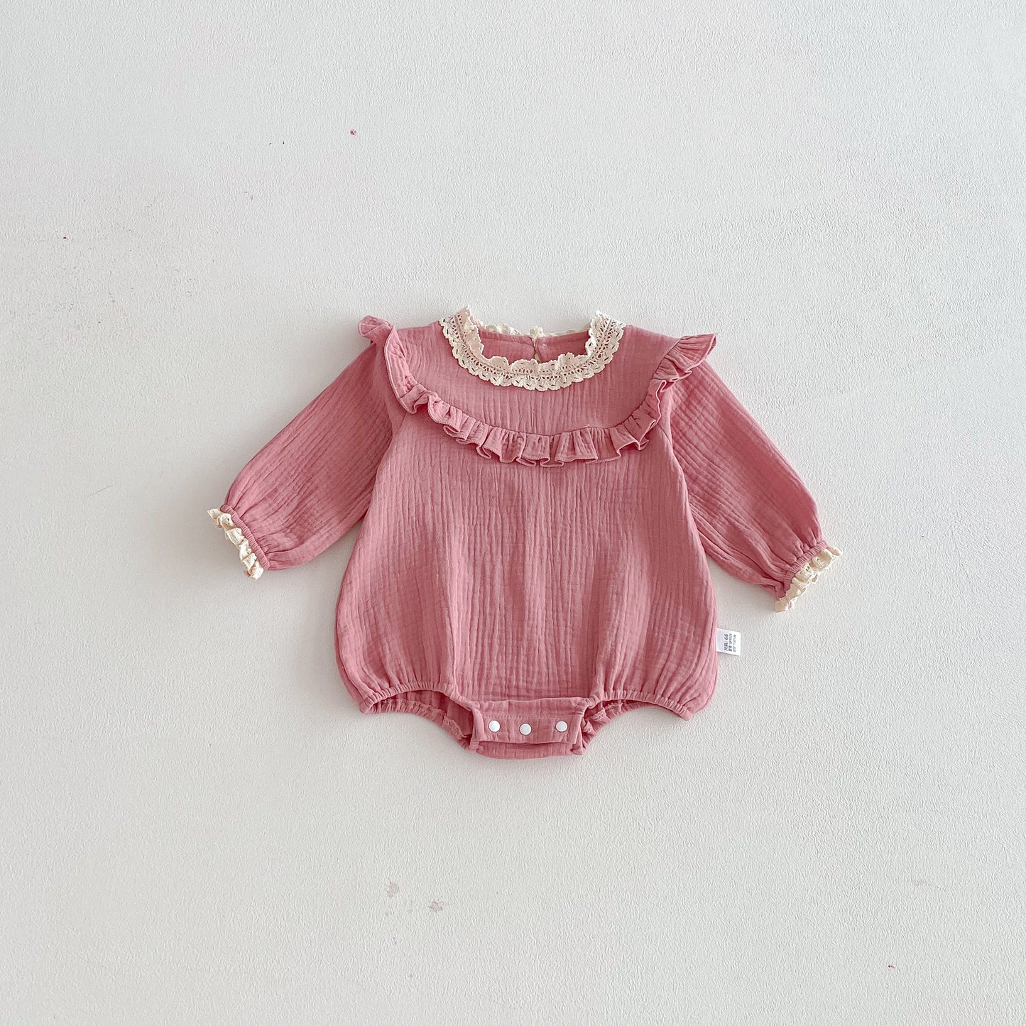 Spring Arrival Baby Girls Long Sleeves Pink Lace Trim Bodysuit