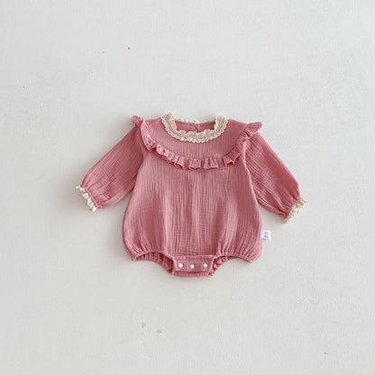 Spring Arrival Baby Girls Long Sleeves Pink Lace Trim Bodysuit