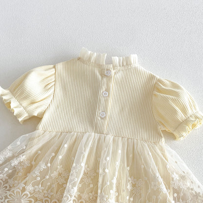 Design Summer Baby Kids Girls Short Sleeves Flowers Embroidery Pattern Tulle Bodysuit Dress