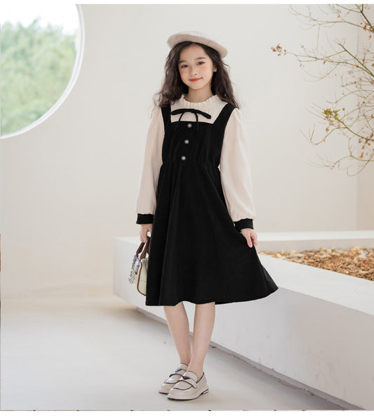 Preppy Corduroy Long Sleeves Ruffle Crew Neck Color Patchwork Dress