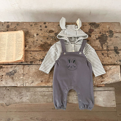 Spring Baby And Kids Unisex Striped Hoodie Top And Rabbit Cartoon Overalls Romper Clothing Set