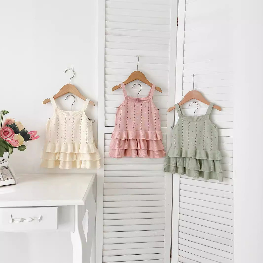 Summer Baby Kids Solid Color and Striped Hollow-out Pattern Sleeveless Top Vest with Skirt Clothing Set for Girls, MyKids-USA®, Baby & Toddler Outfits, MyKids-USA -  -  -  -  -  -  - 