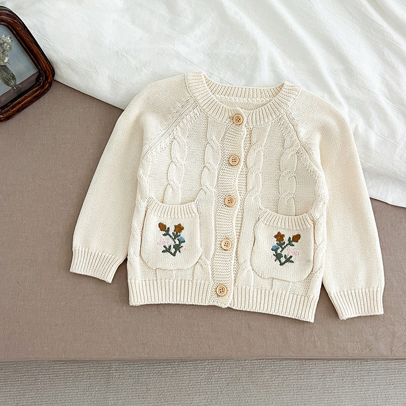 Arrival Baby Girls Comfortable Flowers Embroidery Pattern Pocketed Knitted Long Sleeves Cardigan, MyKids-USA®, Baby & Toddler Outerwear, MyKids-USA -  -  -  -  -  -  - 