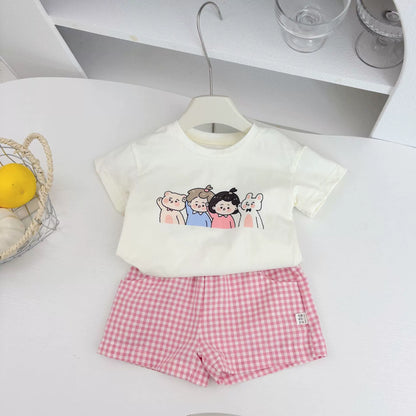 Summer Hot Selling Baby Kids Unisex Short Sleeves Cartoon Printed T-shirt and Plaid Shorts Clothing Set, MyKids-USA®, Baby & Toddler Outfits, MyKids-USA - Size/Age - 73 (6-9M) - Color - Pink -  -  - TR2505272112-A