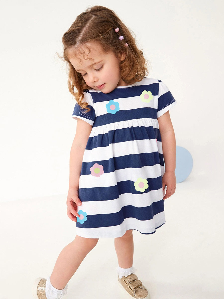 Spring And Summer Baby Girls Navy Blue Striped Floral Short Sleeves Dress