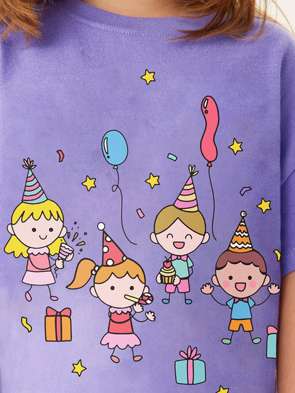 Girls Festival Cartoon Purple T-Shirt And Beige Pants Set