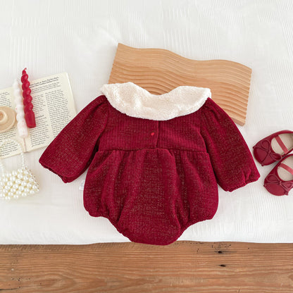 New Arrival Baby Girls Solid Color Long Sleeves Red Ruffle Thick Princess Onesie