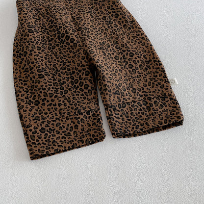 MyKids-USA® Hot Selling Autumn Baby Kids Long Sleeves Solid Color Top and Sleeveless Leopard Overalls Set