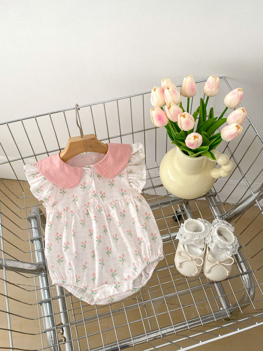 Summer Girls Floral Print Peter Pan Collar Fly Sleeves bodysuit, MyKids-USA®, Baby One-Pieces, MyKids-USA - Size/Age - 66 (3-6M) - Color - Pink -  -  - TR2403262358-A.
