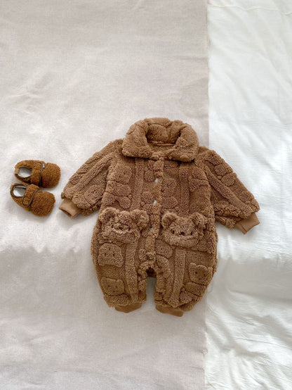 Winter Infant Baby Lovely Teddy Bear Cartoon Pattern Turndown Collar Thermal Pajamas Romper