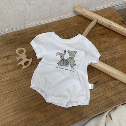 Summer Arrival Baby Short Sleeves Cartoon and Letters Pattern Bodysuit