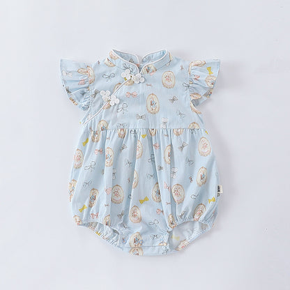 Summer Hot Selling Baby Girls Rabbits Print Fly Sleeves Stand Collar Onesies