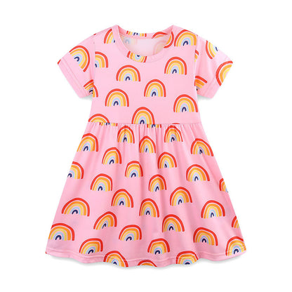 Summer Arrival Colorful Rainbows Pattern Short Sleeves Dress for Stylish Girls, MyKids-USA®, Baby & Toddler Dresses, MyKids-USA - Suze/Age - 90 (12-24M) - Color - Pink -  -  - TR2505211808-A