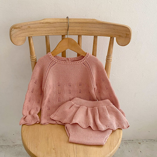 Autumn Hollow Carved Design Solid Color Knitted Sets, MyKids-USA®, Baby & Toddler Outfits, MyKids-USA - Size/Age - 66 (3-6M) - Color - Pink -  -  - JM2307151822-A.