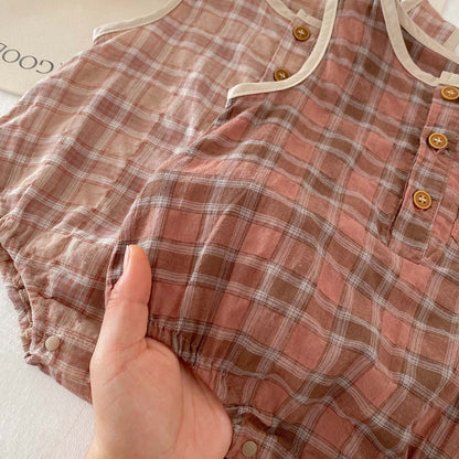 Summer New Arrival Baby Unisex Cotton Soft Thin Country Plaid Sleeveless Onesie
