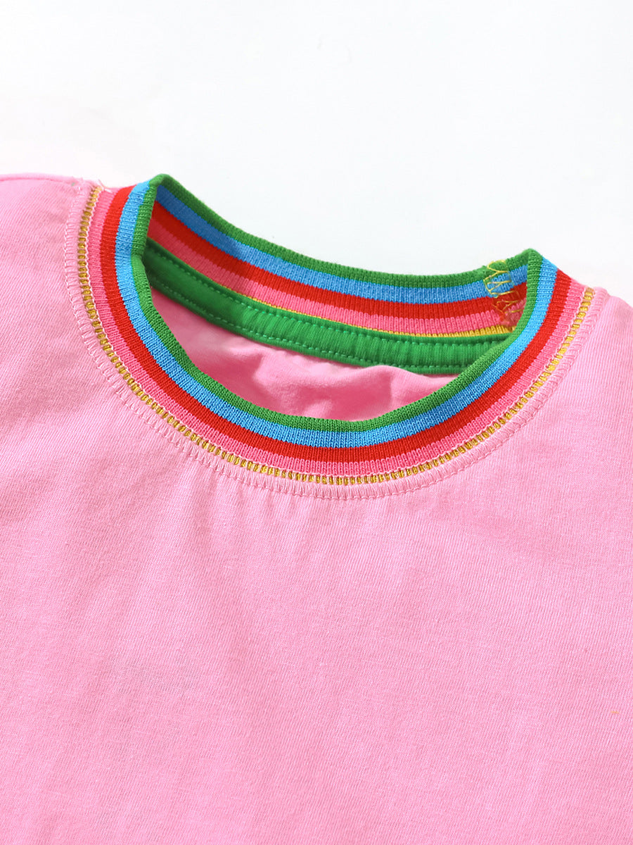 Summer Animals Pattern Short-sleeved Pink Dress with Colorful Striped Neck for Stylish Girls, MyKids-USA®, Baby & Toddler Dresses, MyKids-USA -  -  -  -  -  -  - 