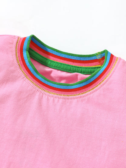 Summer Animals Pattern Short-sleeved Pink Dress with Colorful Striped Neck for Stylish Girls, MyKids-USA®, Baby & Toddler Dresses, MyKids-USA -  -  -  -  -  -  - 