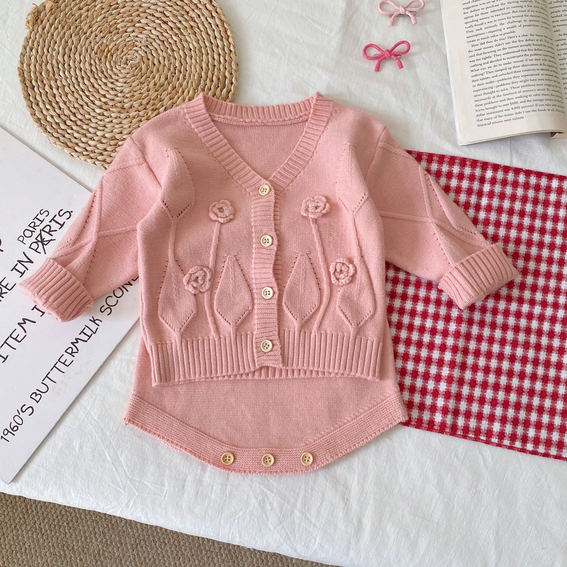 Winter and Autumn Baby Kids Girls Flowers Jacquard Pattern Long Sleeves Cardigan and Sleeveless bodysuit Knitted Clothing Set, MyKids-USA®, Baby & Toddler Outfits, MyKids-USA - Size/Age - 66 (3-6M) - Color - Pink -  -  - TR2512071728-A.