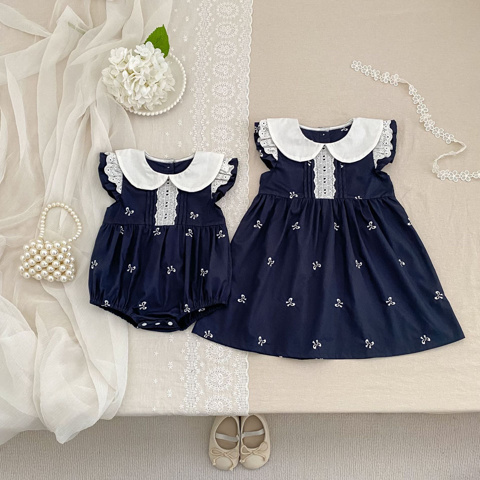 Summer Girls Simple Embroidered Pattern Peter Pan Collar Onesies and Dress – Princess Sister Matching Set, MyKids-USA®, Baby & Toddler Outfits, MyKids-USA -  -  -  -  -  -  - .