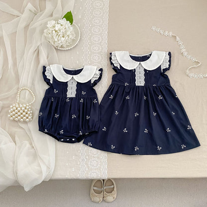 Summer Girls Simple Embroidered Pattern Peter Pan Collar Onesies and Dress – Princess Sister Matching Set, MyKids-USA®, Baby & Toddler Outfits, MyKids-USA -  -  -  -  -  -  - .