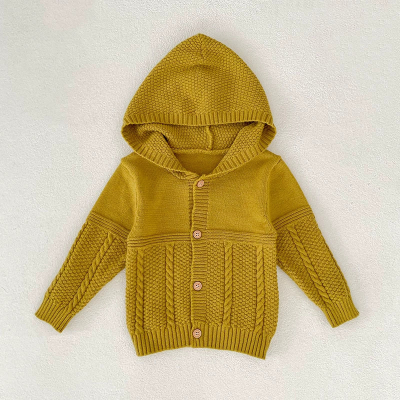 Autumn Arrival Baby Unisex Comfortable Solid Color Geometric Pattern Knitted Long Sleeves Cardigan with Hood, MyKids-USA®, Cardigans, MyKids-USA - Size/Age - 73 (6-9M) - Color - Yellow -  -  - TR2507282338-B