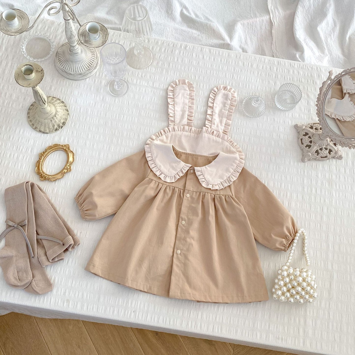 Spring and Autumn Rabbit Design Long-sleeved Dress with Ear Collar for Stylish Girls, MyKids-USA®, Baby & Toddler Dresses, MyKids-USA - Size/Age - 73 (6-9M) - Color - Khaki -  -  - TR2501062312-B