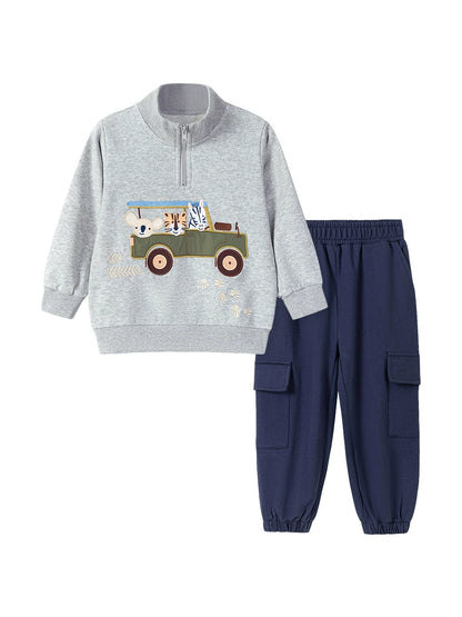 Spring and Autumn Boys Animals Cartoon Pattern Long Sleeves Zip-up Collar Top Sweatshirt and Plain Pants Clothing Set, MyKids-USA®, Baby & Toddler Outfits, MyKids-USA -  -  -  -  -  -  - 