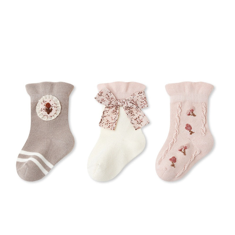 Autumn and Spring Arrival Baby Girls Breathable Cute Pattern Socks 1 Lot=3-Pair Set, MyKids-USA®, Baby & Toddler Socks & Tights, MyKids-USA - Size/Age - XS (0-6M) - Color - Pink -  -  - TR2601112230-C.