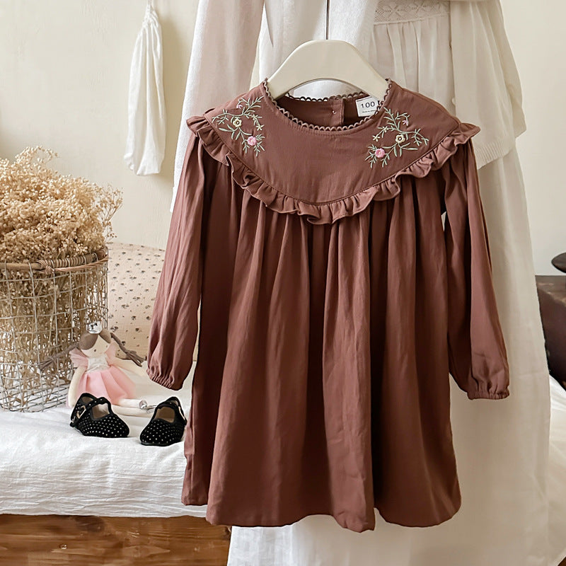 Arrival Autumn Girls Simple Ruffle Neck Long Sleeves Vine and Flowers Pattern Dress, MyKids-USA®, Baby & Toddler Dresses, MyKids-USA - Size/Age - 90 (12-24M) - Color - Coffee -  -  - TR2408231046-B