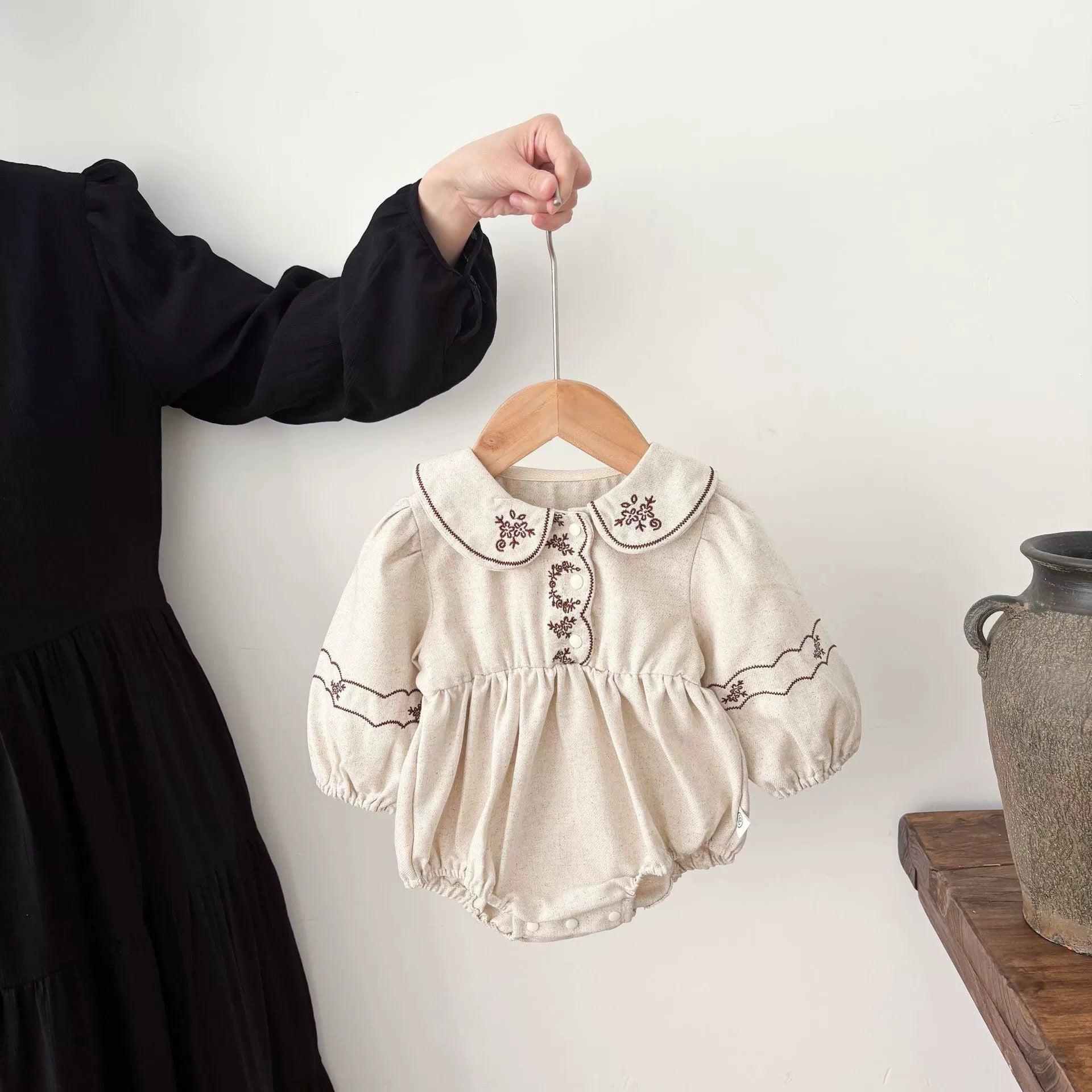 Autumn Arrival Baby Girls Long Sleeves Flowers Embroidered Onesies, MyKids-USA®, Baby One-Pieces, MyKids-USA - Size/Age - 66 (3-6M) - Color - Beige -  -  - TR2506161748-A