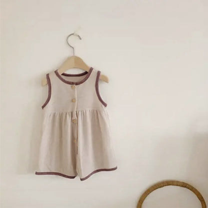 Summer Arrival Baby Unisex Simple Color Patchwork Sleeveless Single Breasted Rompers, MyKids-USA®, Baby One-Pieces, MyKids-USA - Size/Age - 73 (6-9M) - Color - Beige -  -  - TR2505112139-A