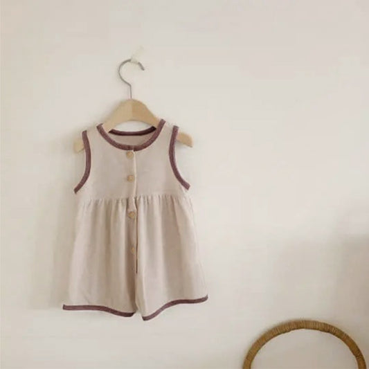 Summer Arrival Baby Unisex Simple Color Patchwork Sleeveless Single Breasted Rompers, MyKids-USA®, Baby One-Pieces, MyKids-USA - Size/Age - 73 (6-9M) - Color - Beige -  -  - TR2505112139-A.